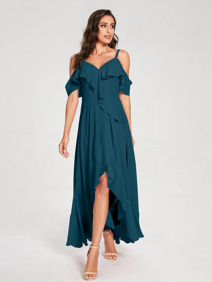 Ligne A/Princesse Bretelles Spaghetti Col en V Manches Courtes Asymétrique Bridemaid Robes avec Froufrous