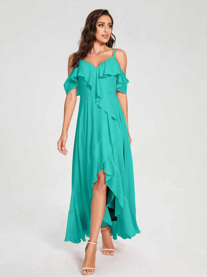 Ligne A/Princesse Bretelles Spaghetti Col en V Manches Courtes Asymétrique Bridemaid Robes avec Froufrous