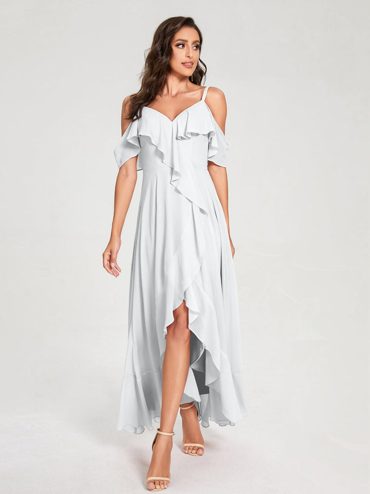 Ligne A/Princesse Bretelles Spaghetti Col en V Manches Courtes Asymétrique Bridemaid Robes avec Froufrous