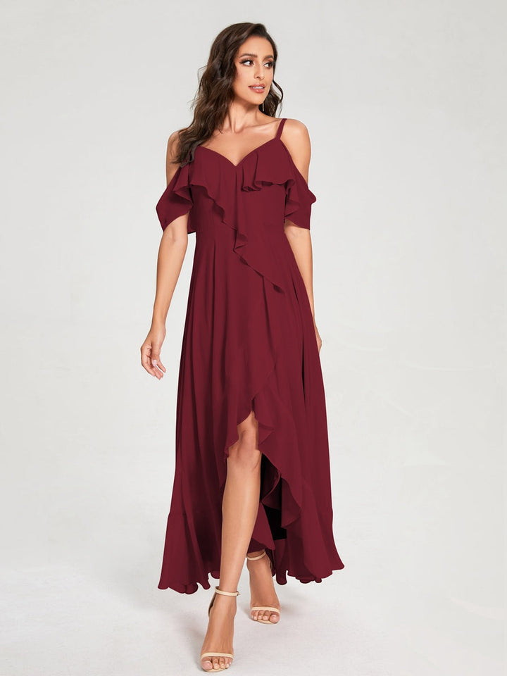 Ligne A/Princesse Bretelles Spaghetti Col en V Manches Courtes Asymétrique Bridemaid Robes avec Froufrous
