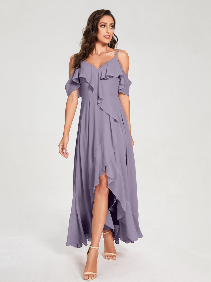 Ligne A/Princesse Bretelles Spaghetti Col en V Manches Courtes Asymétrique Bridemaid Robes avec Froufrous
