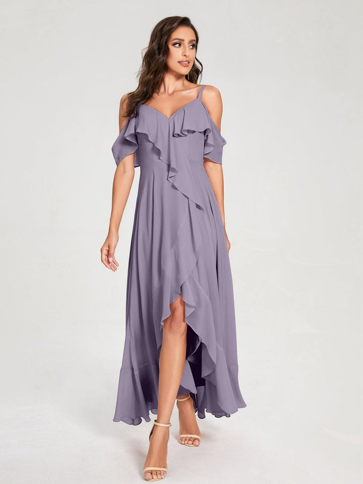 Ligne A/Princesse Bretelles Spaghetti Col en V Manches Courtes Asymétrique Bridemaid Robes avec Froufrous