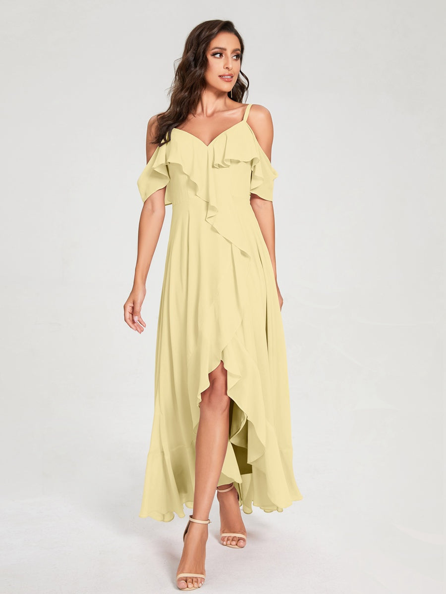 Ligne A/Princesse Bretelles Spaghetti Col en V Manches Courtes Asymétrique Bridemaid Robes avec Froufrous