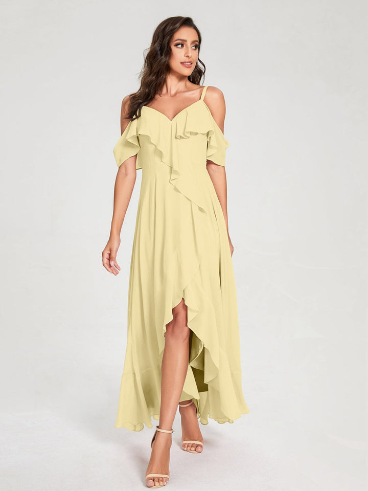 Ligne A/Princesse Bretelles Spaghetti Col en V Manches Courtes Asymétrique Bridemaid Robes avec Froufrous