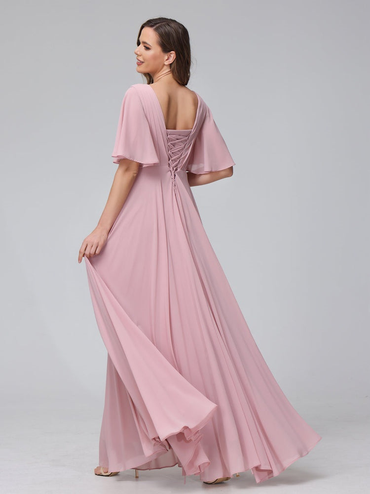 Ligne A/Princesse Col en V Demi-manches La Longueur du Sol Bridemaid Robes avec Froufrous & Les Poches