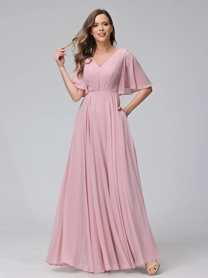Ligne A/Princesse Col en V Demi-manches La Longueur du Sol Bridemaid Robes avec Froufrous & Les Poches