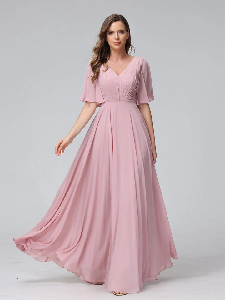Ligne A/Princesse Col en V Demi-manches La Longueur du Sol Bridemaid Robes avec Froufrous & Les Poches