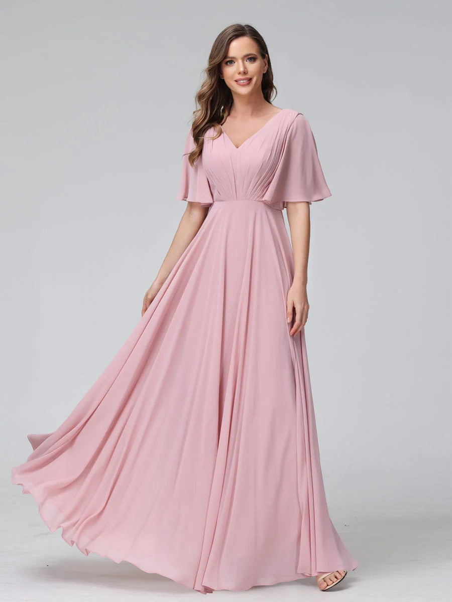 Ligne A/Princesse Col en V Demi-manches La Longueur du Sol Bridemaid Robes avec Froufrous & Les Poches