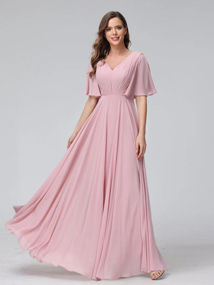 Ligne A/Princesse Col en V Demi-manches La Longueur du Sol Bridemaid Robes avec Froufrous & Les Poches