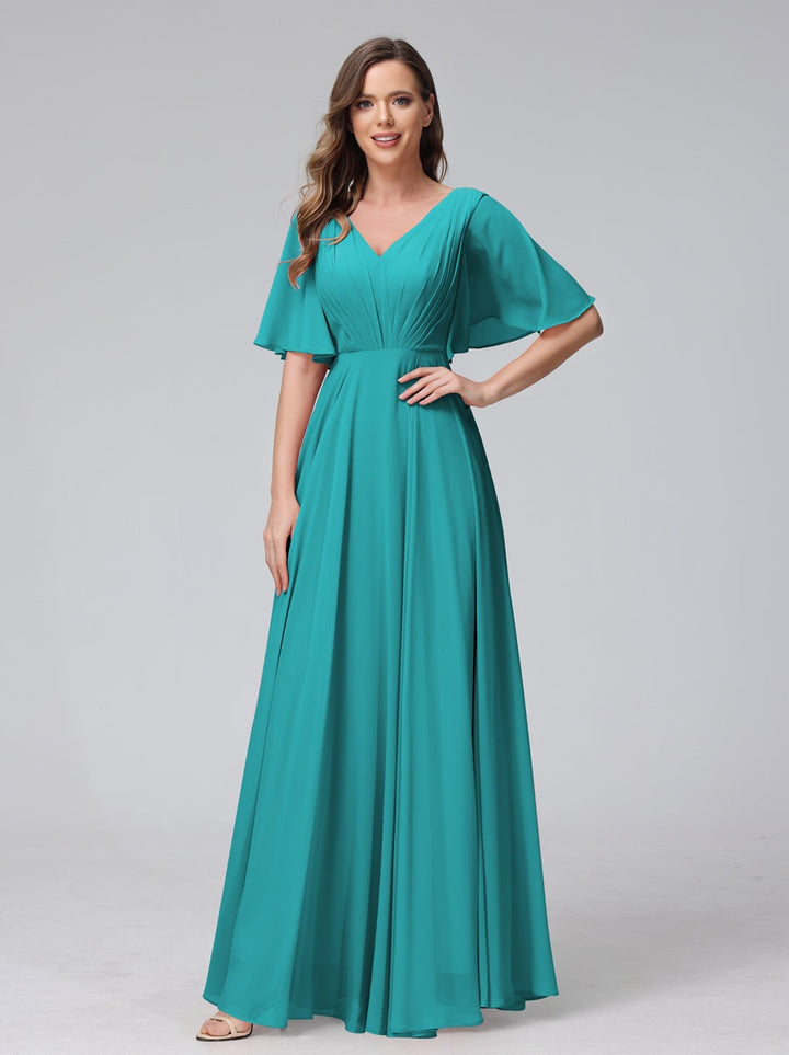 Ligne A/Princesse Col en V Demi-manches La Longueur du Sol Bridemaid Robes avec Froufrous & Les Poches