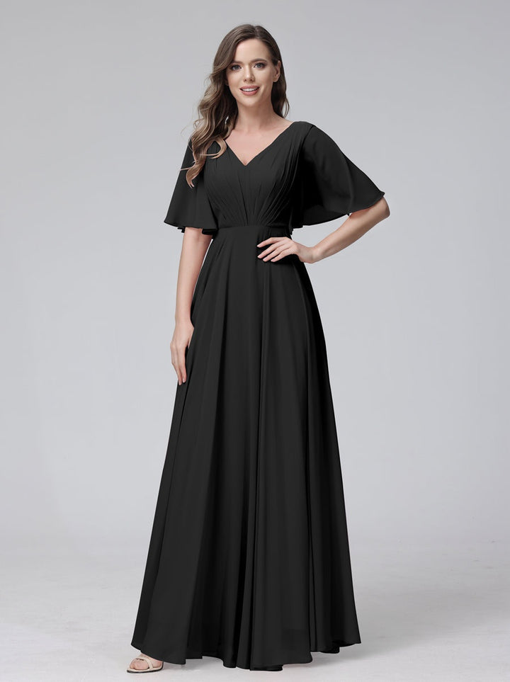 Ligne A/Princesse Col en V Demi-manches La Longueur du Sol Bridemaid Robes avec Froufrous & Les Poches