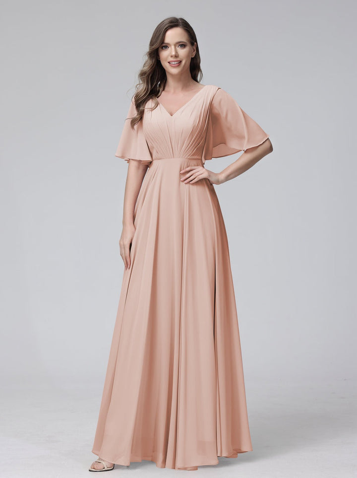 Ligne A/Princesse Col en V Demi-manches La Longueur du Sol Bridemaid Robes avec Froufrous & Les Poches