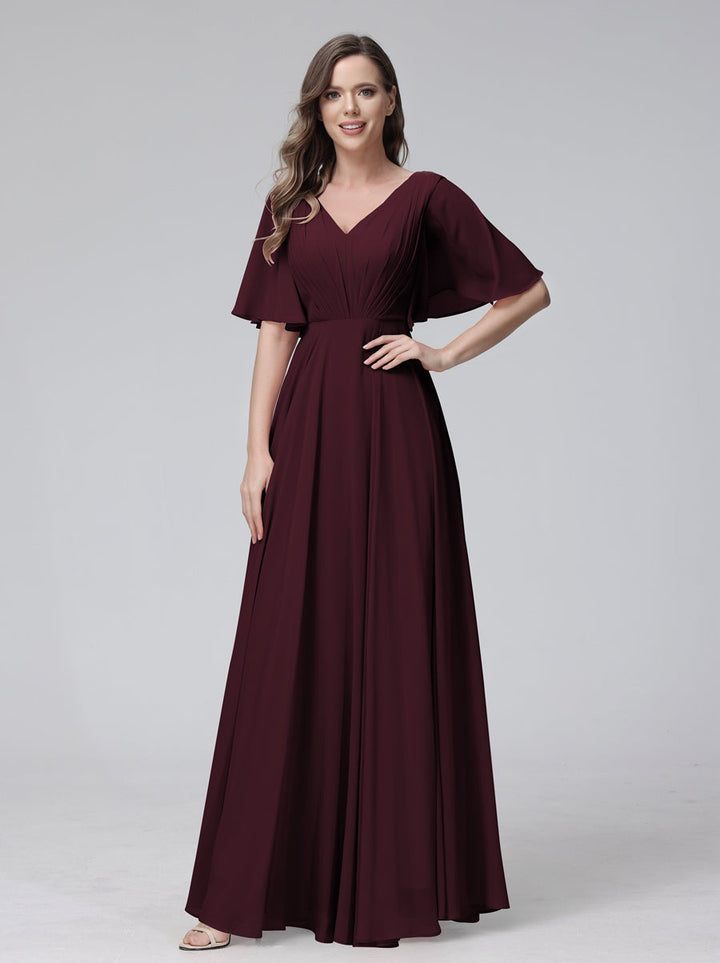 Ligne A/Princesse Col en V Demi-manches La Longueur du Sol Bridemaid Robes avec Froufrous & Les Poches