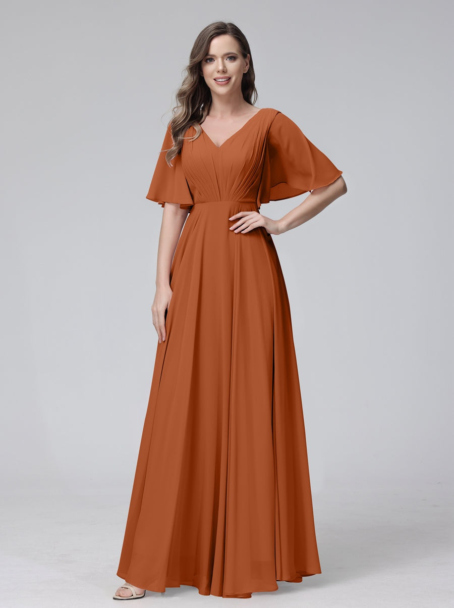 Ligne A/Princesse Col en V Demi-manches La Longueur du Sol Bridemaid Robes avec Froufrous & Les Poches