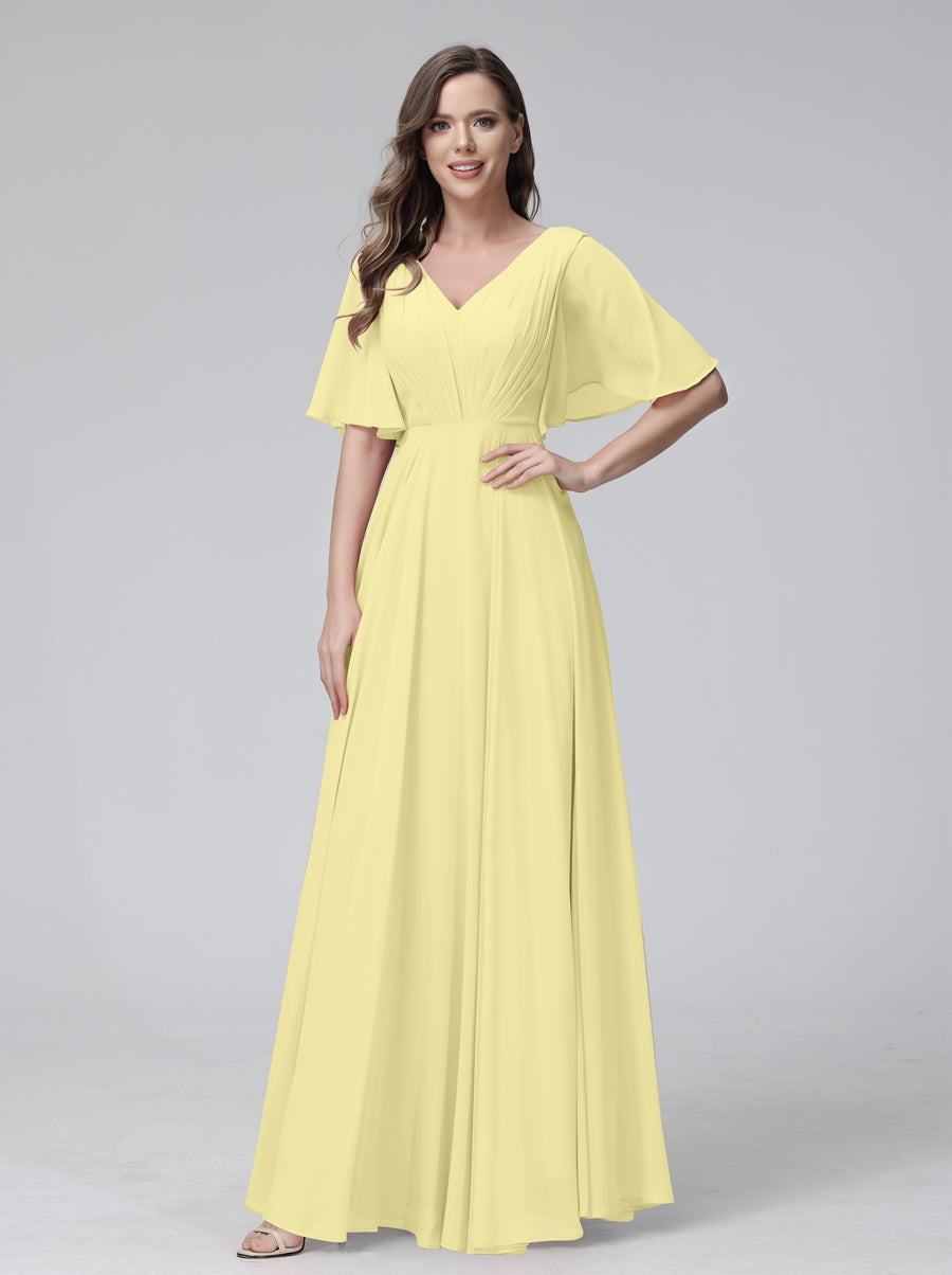 Ligne A/Princesse Col en V Demi-manches La Longueur du Sol Bridemaid Robes avec Froufrous & Les Poches