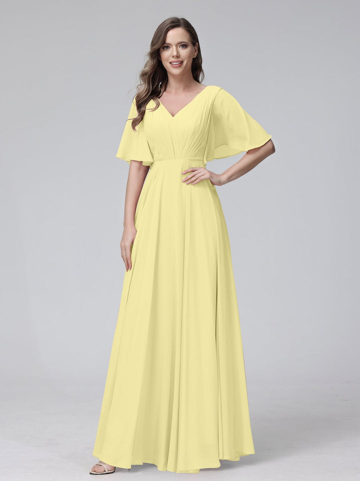 Ligne A/Princesse Col en V Demi-manches La Longueur du Sol Bridemaid Robes avec Froufrous & Les Poches