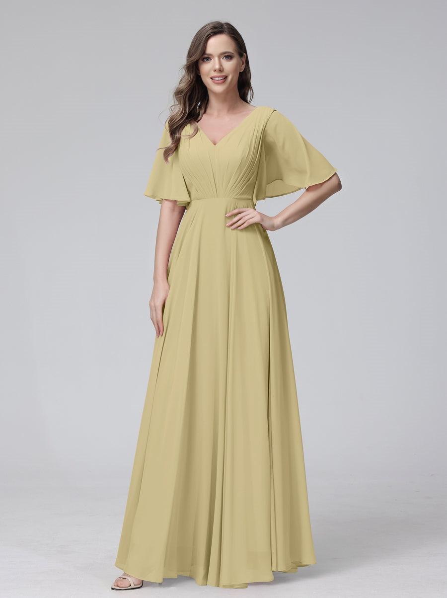 Ligne A/Princesse Col en V Demi-manches La Longueur du Sol Bridemaid Robes avec Froufrous & Les Poches