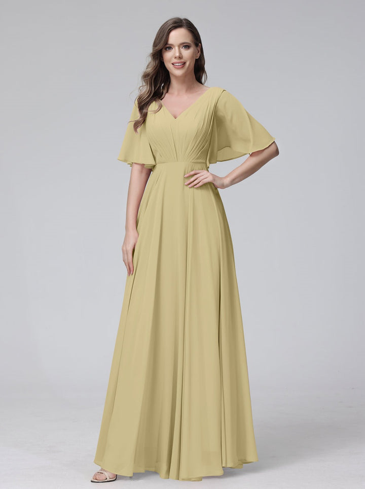 Ligne A/Princesse Col en V Demi-manches La Longueur du Sol Bridemaid Robes avec Froufrous & Les Poches