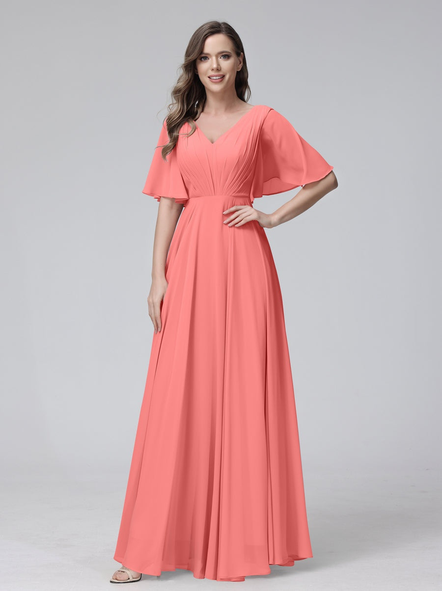 Ligne A/Princesse Col en V Demi-manches La Longueur du Sol Bridemaid Robes avec Froufrous & Les Poches