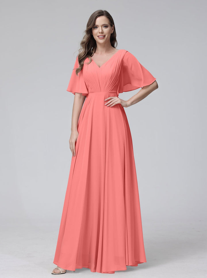 Ligne A/Princesse Col en V Demi-manches La Longueur du Sol Bridemaid Robes avec Froufrous & Les Poches