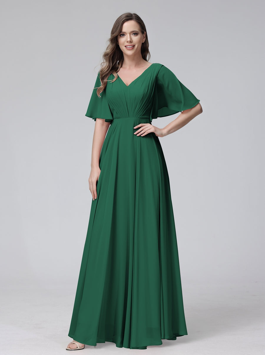 Ligne A/Princesse Col en V Demi-manches La Longueur du Sol Bridemaid Robes avec Froufrous & Les Poches