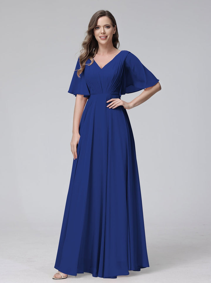 Ligne A/Princesse Col en V Demi-manches La Longueur du Sol Bridemaid Robes avec Froufrous & Les Poches