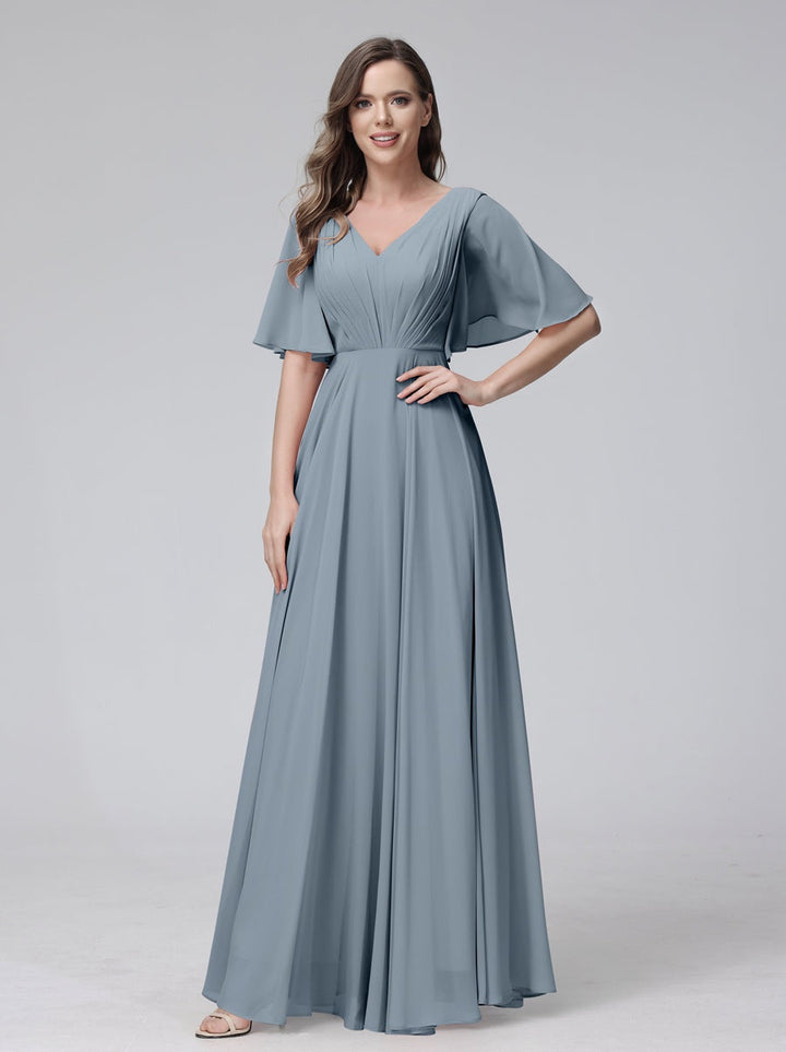 Ligne A/Princesse Col en V Demi-manches La Longueur du Sol Bridemaid Robes avec Froufrous & Les Poches