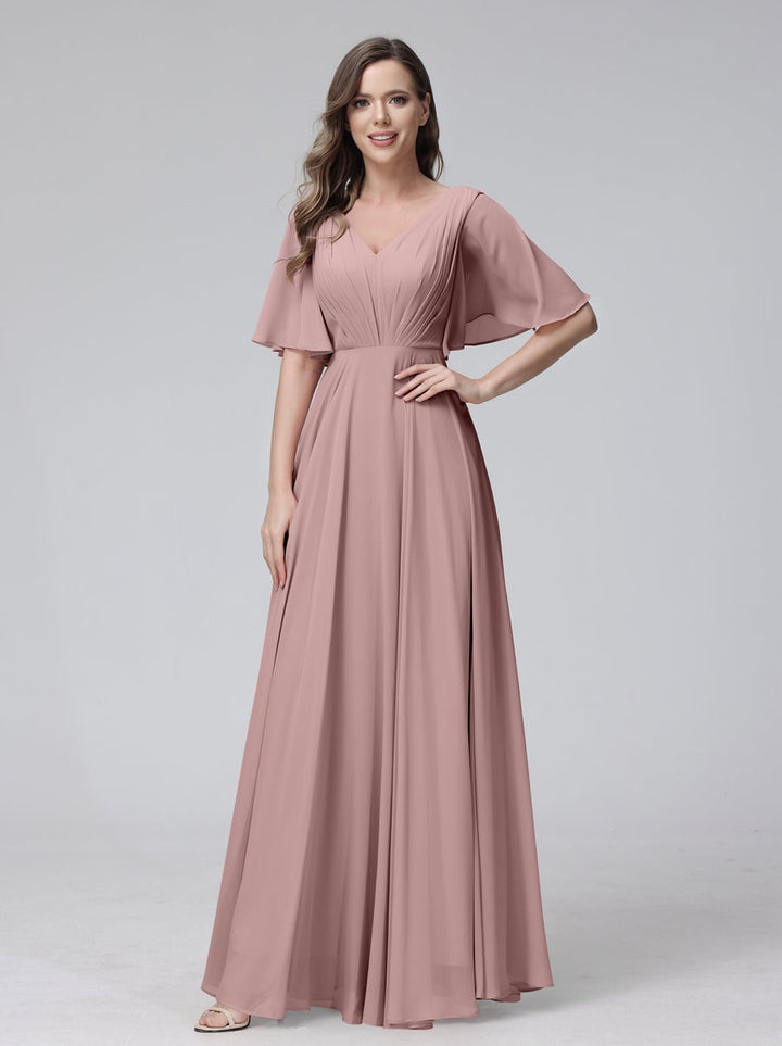 Ligne A/Princesse Col en V Demi-manches La Longueur du Sol Bridemaid Robes avec Froufrous & Les Poches