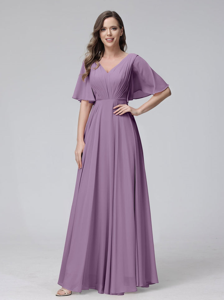 Ligne A/Princesse Col en V Demi-manches La Longueur du Sol Bridemaid Robes avec Froufrous & Les Poches