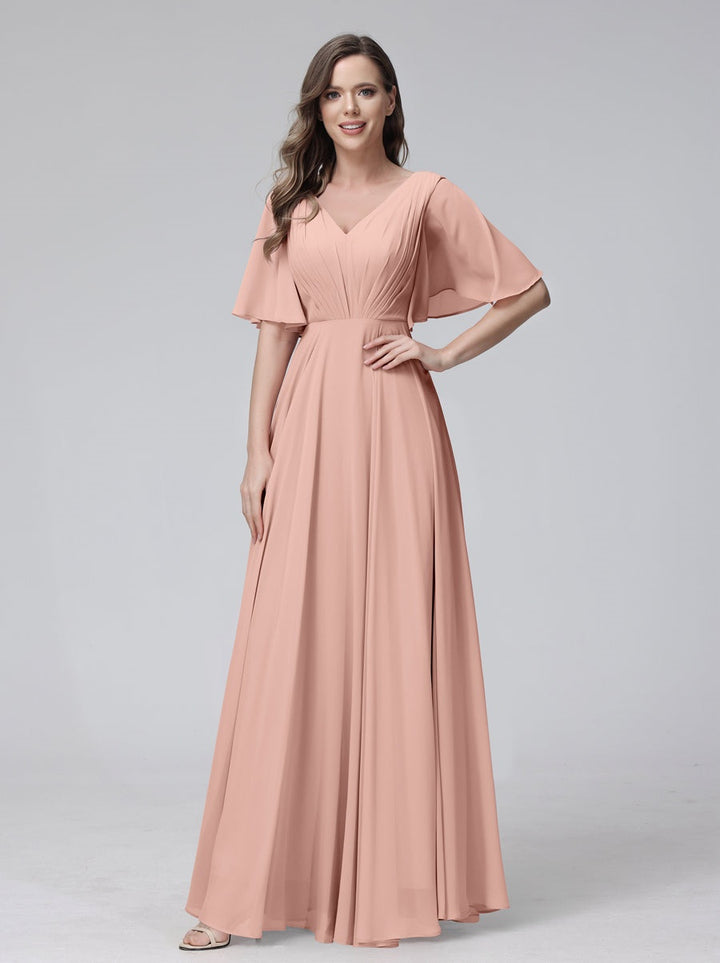 Ligne A/Princesse Col en V Demi-manches La Longueur du Sol Bridemaid Robes avec Froufrous & Les Poches