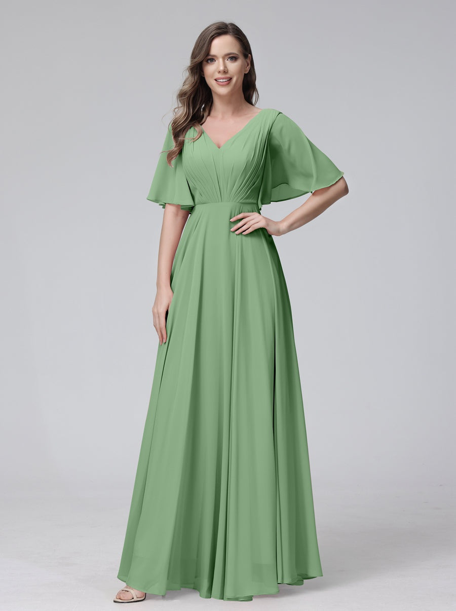 Ligne A/Princesse Col en V Demi-manches La Longueur du Sol Bridemaid Robes avec Froufrous & Les Poches