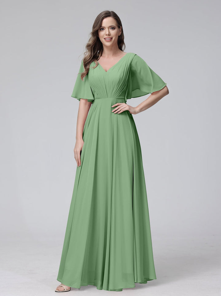Ligne A/Princesse Col en V Demi-manches La Longueur du Sol Bridemaid Robes avec Froufrous & Les Poches