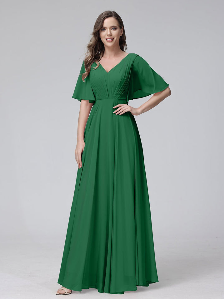 Ligne A/Princesse Col en V Demi-manches La Longueur du Sol Bridemaid Robes avec Froufrous & Les Poches