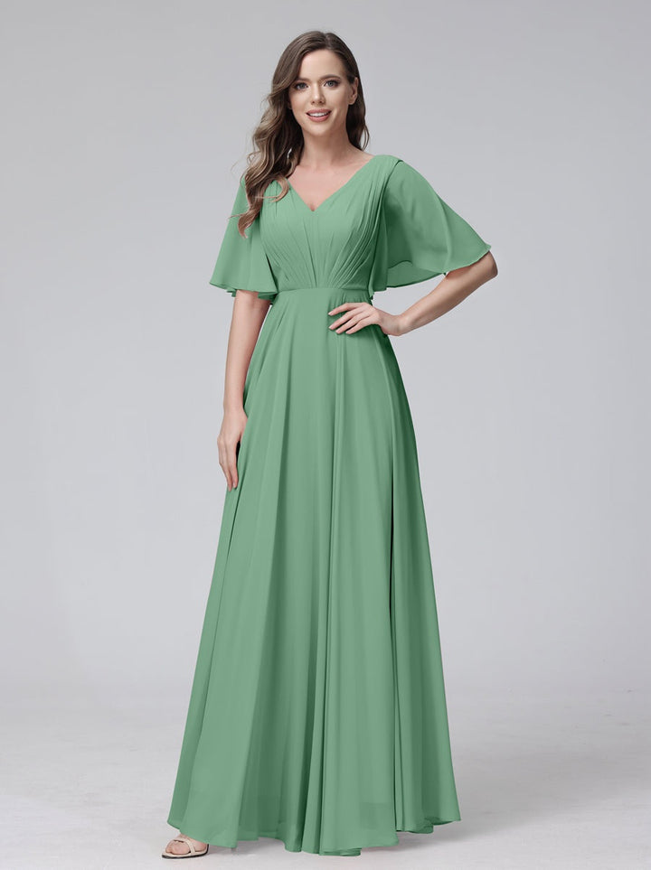 Ligne A/Princesse Col en V Demi-manches La Longueur du Sol Bridemaid Robes avec Froufrous & Les Poches