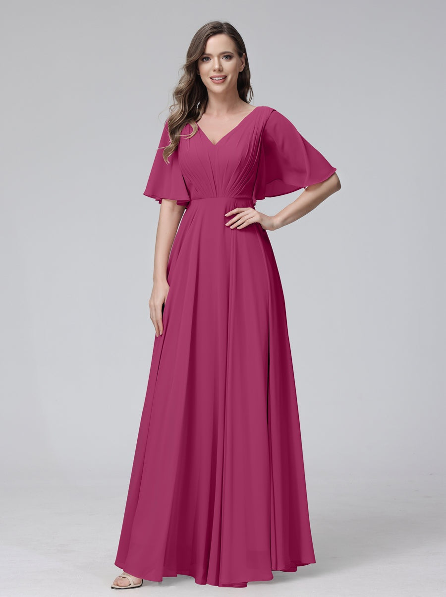 Ligne A/Princesse Col en V Demi-manches La Longueur du Sol Bridemaid Robes avec Froufrous & Les Poches