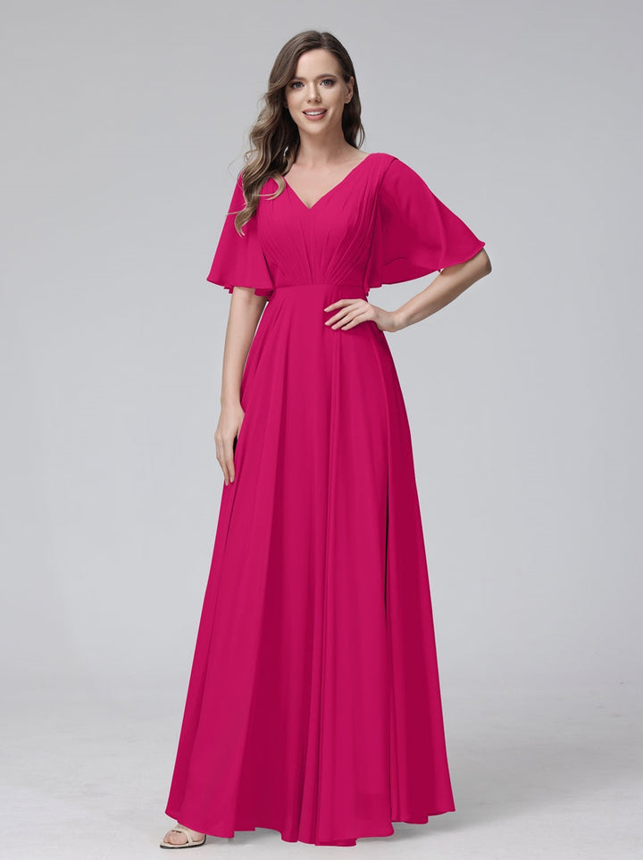 Ligne A/Princesse Col en V Demi-manches La Longueur du Sol Bridemaid Robes avec Froufrous & Les Poches