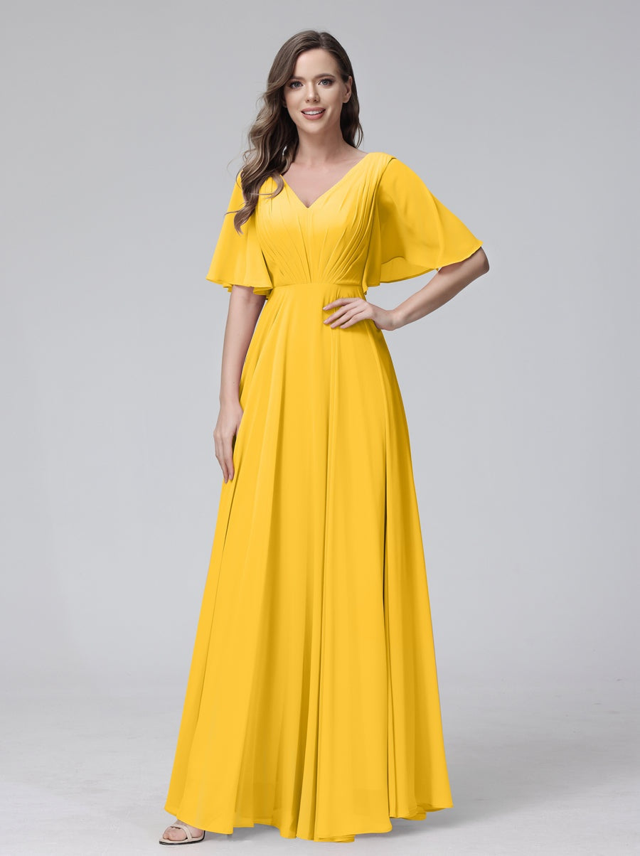 Ligne A/Princesse Col en V Demi-manches La Longueur du Sol Bridemaid Robes avec Froufrous & Les Poches
