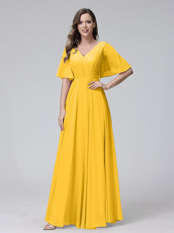 Ligne A/Princesse Col en V Demi-manches La Longueur du Sol Bridemaid Robes avec Froufrous & Les Poches