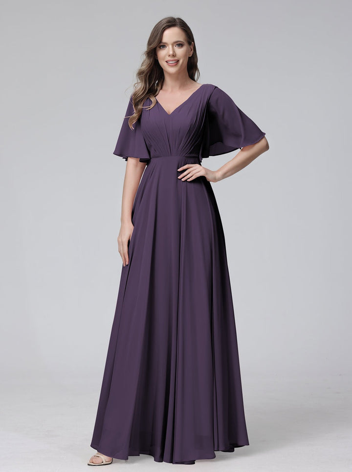 Ligne A/Princesse Col en V Demi-manches La Longueur du Sol Bridemaid Robes avec Froufrous & Les Poches
