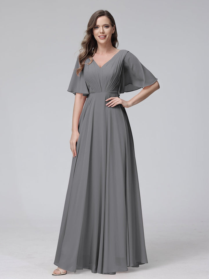 Ligne A/Princesse Col en V Demi-manches La Longueur du Sol Bridemaid Robes avec Froufrous & Les Poches