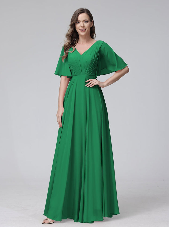 Ligne A/Princesse Col en V Demi-manches La Longueur du Sol Bridemaid Robes avec Froufrous & Les Poches