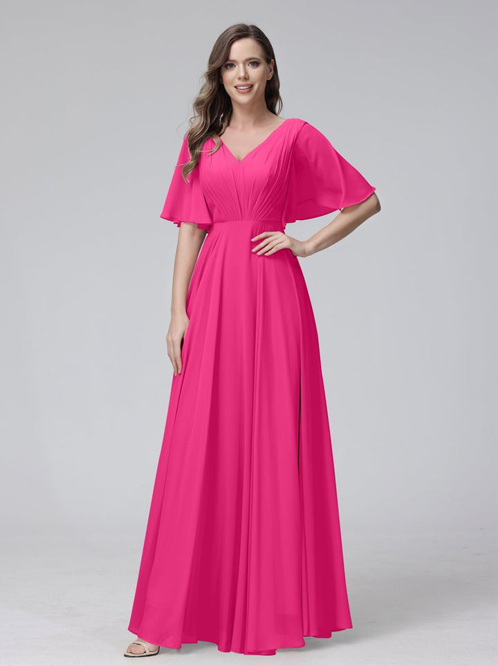 Ligne A/Princesse Col en V Demi-manches La Longueur du Sol Bridemaid Robes avec Froufrous & Les Poches
