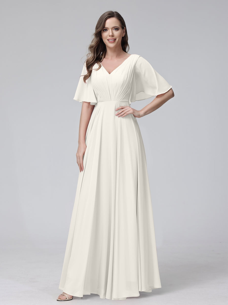 Ligne A/Princesse Col en V Demi-manches La Longueur du Sol Bridemaid Robes avec Froufrous & Les Poches