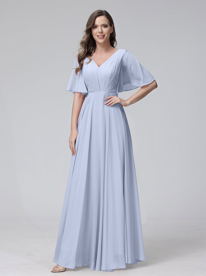 Ligne A/Princesse Col en V Demi-manches La Longueur du Sol Bridemaid Robes avec Froufrous & Les Poches