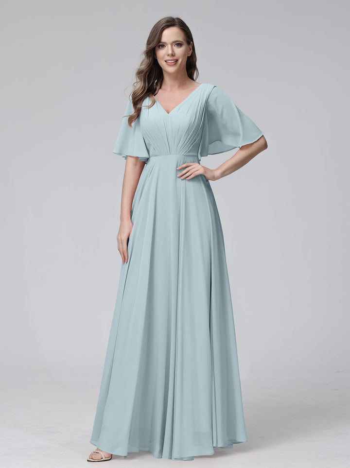 Ligne A/Princesse Col en V Demi-manches La Longueur du Sol Bridemaid Robes avec Froufrous & Les Poches