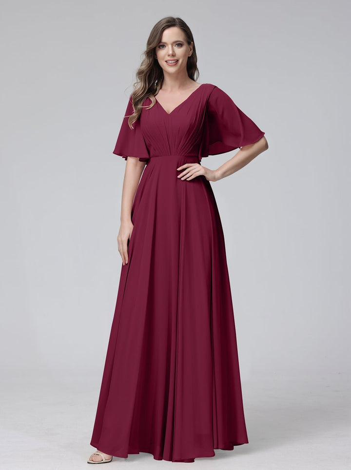 Ligne A/Princesse Col en V Demi-manches La Longueur du Sol Bridemaid Robes avec Froufrous & Les Poches