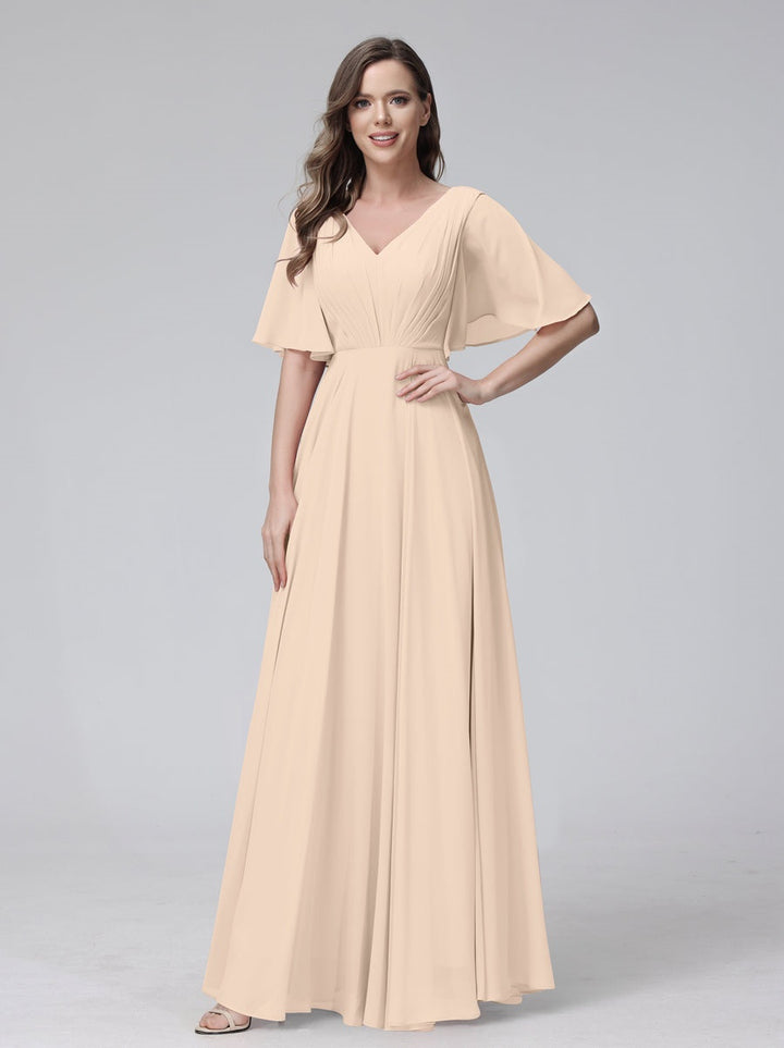 Ligne A/Princesse Col en V Demi-manches La Longueur du Sol Bridemaid Robes avec Froufrous & Les Poches