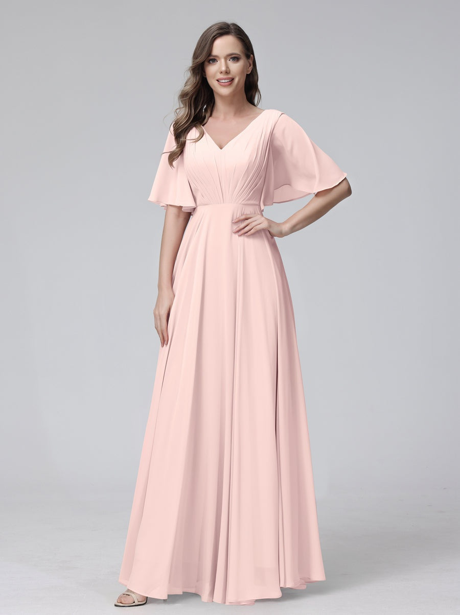 Ligne A/Princesse Col en V Demi-manches La Longueur du Sol Bridemaid Robes avec Froufrous & Les Poches