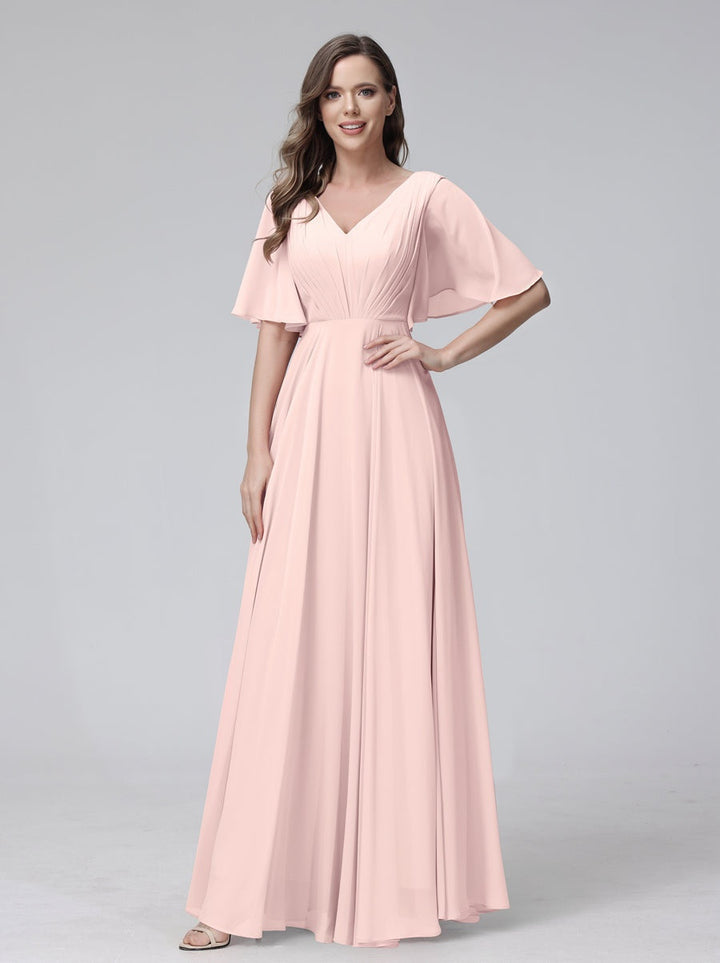 Ligne A/Princesse Col en V Demi-manches La Longueur du Sol Bridemaid Robes avec Froufrous & Les Poches