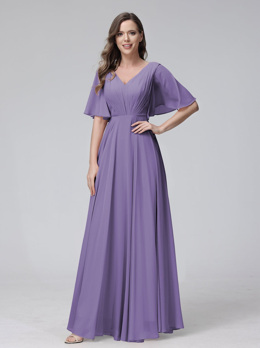 Ligne A/Princesse Col en V Demi-manches La Longueur du Sol Bridemaid Robes avec Froufrous & Les Poches